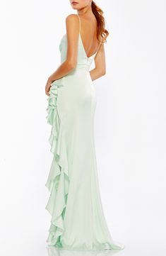 Bask in the extravagant glow of this floor-sweeping gown cut from luminous satin that catches the light on your special night out. The pleated surplice balances the cascading ruffle that sweeps down the trumpet skirt. Style Name:Ieena For Mac Duggal Ruffle Satin Trumpet Gown. Style Number: 6179109. Green Ruched Bodice Maxi Dress For Gala, Green Maxi Dress With Ruched Bodice For Gala, Green Gown With Ruched Bodice And Sweetheart Neckline, Green Gala Gown With Pleated Bodice, Green Prom Gown With Ruched Bodice, Green Gown With Ruched Bodice For Prom, Green Evening Gown With Ruched Bodice, Pre-draped Prom Gown For Prom Season, Glamorous Floor-length Satin Maxi Dress