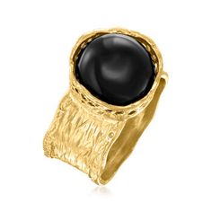 Ross-Simons - Black Onyx Wide Band Ring in Textured, Polished 18kt Yellow Gold Over Sterling. Size 7. This chic ring showcases a shiny 12mm round black onyx cabochon inside an eccentric open-space setting, forming an intriguing contrast. The textured and polished wide band is crafted in 18kt yellow gold over sterling silver. 1/2" wide. Black onyx wide band ring. Chic Rings, Wide Band Ring, Wide Band Rings, Onyx Ring, Wide Bands, Open Space, Black Onyx, Band Ring, Band Rings