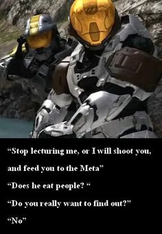 two people in suits with helmets on standing next to each other and texting that reads stop learning me or i will shoot you, and feed you to the meta? does eat people?