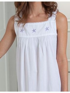 EL332 Starfish Nightgown (Ladies)** Starfish Embroidery, White Cotton Nightgown, Cotton Night Dress, Cotton Nighties, Sleeping Dress, Blue Starfish, Cotton Nightgown, Night Gowns, Night Dress For Women