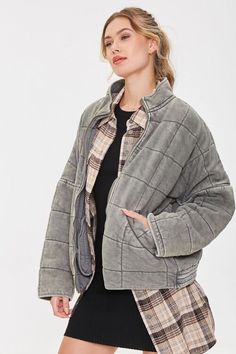 Quilted Zip-Up Jacket Black Quilted Jacket Outfit, Knit Jacket, Zip Up, Outerwear Jackets, Dark Grey, Fitness Models, Zip Ups, Full Length, Forever 21