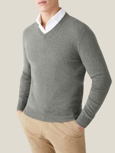 Luca Faloni Elegant Soft Knit Cashmere V-neck Sweater, Classic Cashmere V-neck Sweater In Soft Knit, Winter Cashmere V-neck Sweater For Layering, Classic Cashmere V-neck Sweater For Fall, Classic Gray Sweater With Ribbed Cuffs, Classic Gray Sweater For Workwear, Classic Fitted V-neck Sweater, Classic Cashmere V-neck Sweater With Long Sleeves, Classic Cashmere V-neck Sweater With Soft Knit