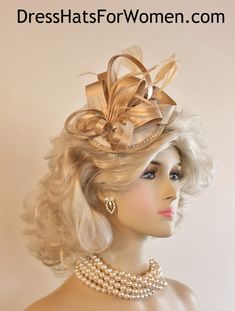 Champagne Beige Satin Wedding Fascinator Cocktail Hat For Women. Couture Bespoke 1920's Flapper Era Designer Fashion Hat - Trimmed With A Large Looped Champagne Beige Satin Bow, Accented With Delicate Beige Feathers, Embellished With A Beautiful Row Of  Rhinestones. This Satin Wedding Fascinator Is Held In Place By An Ali gator Hair Clip. This Is A Beautiful Headpiece For A Bride Or Wedding Guests. Also Suited For Mother Of The Bride Or Groom.

Measurements: The Fascinator Satin Base Measures 13 Special Occasion Hats, Mother Of The Bride Hats, Church Lady Hats, Formal Hat, Bespoke Hats, Flapper Era, Custom Made Hats, 1920's Flapper, Occasion Hats