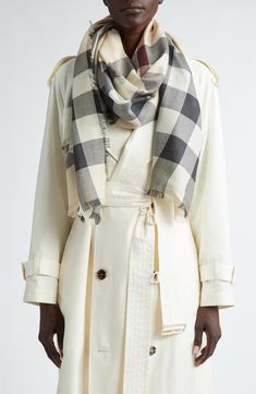 Burberry's instantly recognizable check makes this eyelash-fringed scarf in a lightweight cashmere-silk blend a must-have accessory you can wear year-round. 39 1/4" x 78 3/4" 70% cashmere, 30% silk Dry clean Made in Italy Burberry Scarves & Shawls, Butberry Scarf, Burberry Scarf Outfit, Europe Fits, Scarf Burberry, London Outfits, Red Plaid Scarf, Burgundy Scarf, Burberry Shoulder Bag