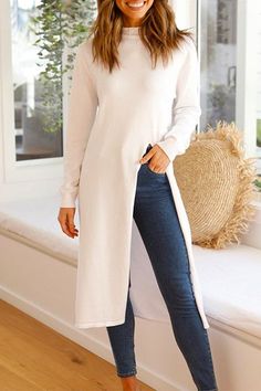 Details: Sleeve:Long sleeve SIZE US/CAN BUST WAIST HIPS S 2-4 33"-34" 26"-27" 36"-37" M 6-8 35"-36" 28"-29" 38"-39" L 10-12 37"-39" 30"-32" 40"-42" XL 12-14 40"-42" 33"-35" 43"-45" Stretch Long Sleeve Dress For Day Out, Long Tops For Fall Day Out, Plain Long Sleeve Dresses For Daywear, Long Sleeve Dresses With Side Slits For Daywear, Plain Long-sleeve Shift Dress, Casual Long Sleeve Dresses With Side Slits, Plain Crew Neck Fall Dresses, Fall Crew Neck Plain Dresses, Fall Crew Neck Dresses