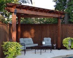 a patio with two chairs and a table next to a swimming pool in the backyard