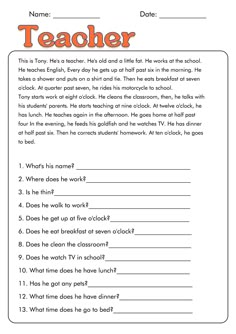 a worksheet for reading the teacher