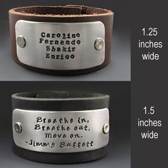 two different leather bracelets with words on them