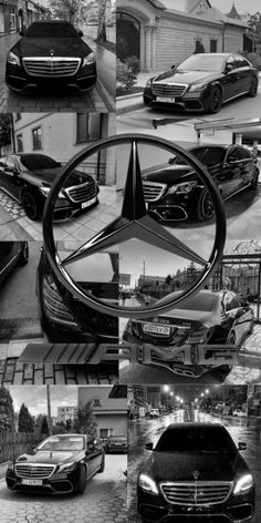 black and white photographs of cars parked in front of a building with the word mercedes on it