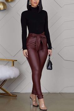 Size(in) Waist Hip Length S 28.3 39.4 42.1 M 29.9 40.9 42.5 L 31.5 42.5 42.9 XL 33.1 44.1 43.3 XXL 34.6 45.7 43.7 Faux Leather Pants Outfit, Distressed Outfit, Brown Leather Pants, Leather Pants Outfit, Faux Leather Pants, Business Attire, Work Attire, Fall Winter Fashion, Leather Leggings