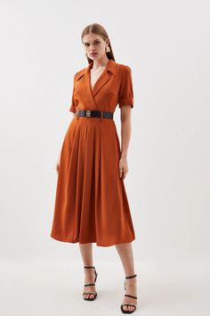 Soft Tailored Belted Midaxi Dress | Karen Millen Formal Shirt Dress With Belted Cuffs For Fall, Formal Fall Shirt Dress With Belted Cuffs, Fall Collared Belted Dress With Belted Cuffs, Classic A-line Belted Dress For Formal Occasions, Classic Belted Shirt Dress For Semi-formal Occasions, Knee-length Belted Shirt Dress For Semi-formal, Tailored Dresses With Lapel Collar For Office Wear, Tailored Dress With Lapel Collar For Work, Elegant Workwear Midi Dress With Lapel Collar