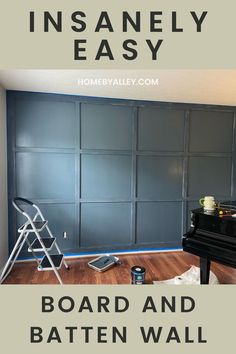 An image of a board and batten wall with text overlay that says "Insanely Easy Board and Batten Wall" How To Diy Board And Batten, How To Put Up Board And Batten, Accent Wall Board And Batten Bedroom, Square Board And Batten Wall Bedroom, Batten Board Headboard, Board And Batten Sizes, Board And Batten Long Wall, Board A D Batten Wall, Diy Wall Batten