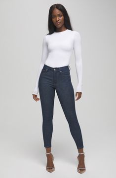 Create the perfect fit every time with these indigo-wash skinnies designed with premium stretch denim that changes with your body up to four different sizes. 28" inseam; 9" leg opening; 9 1/2" front rise; 14" back rise (size 00-4) Zip fly with button closure Five-pocket style 86% cotton, 5% recycled cotton, 5% polyester, 4% Lycra® spandex Machine wash, tumble dry Made in Turkey Women's Clothing Black Owned and Founded Fitted Classic Blue Cropped Jeans, Denim Blue Fitted High-rise Cropped Jeans, Fitted High Rise Cropped Jeans In Denim Blue, Denim Blue Mid-rise Fitted Cropped Jeans, Denim Blue Fitted Mid-rise Cropped Jeans, Fitted High Rise Cropped Jeans In Dark Wash, Fitted High-rise Cropped Jeans In Denim Blue, Mid-rise Fitted Cropped Jeans In Denim Blue, Classic Fitted High Rise Jeggings