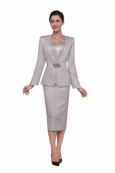 Serafina 4335 silver skirt suit Elegant Stretch Suits, Elegant Long Sleeve Stretch Suits, Elegant Evening Sets With Stretch, Elegant Stretch Party Set, Elegant Stretch Sets For Evening, Elegant Stretch Sets For Party, Spring Formal Stretch Sets, Elegant Evening Sets For Fall, Elegant Long Sleeve Fall Sets