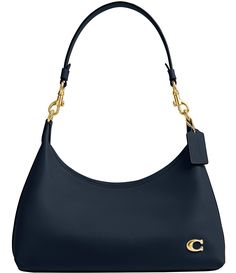 From COACH&#x2C; the Juliet Shoulder Bag features: Glovetanned leatherInside snap pocketZip-top closure&#x2C; fabric liningDetachable handle with approx. 11" dropDetachable strap with approx. 21.5'' drop for shoulder or crossbody wearApprox. 12" L x 8.75" H x 4.5" WImported. Blue Coach Shoulder Bag, Navy Shoulder Bag, Trendy Shoulder Bags, Mini Black Bag, Navy Blue Purse, Navy Blue Bag, Navy Purse, Cute Shoulder Bag, Over The Shoulder Bag