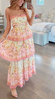 Laurel Blossom Flowers Floral Print Scalloped Pom Trim Tiered Midi Dre Ruffle Long Dress, Hot Prom Dress, Floral Prom Dresses, Bodice Dress, The Close, Tiered Midi Dress, Ruffle Hem Dress, Black Prom Dresses, Prom Dresses Lace