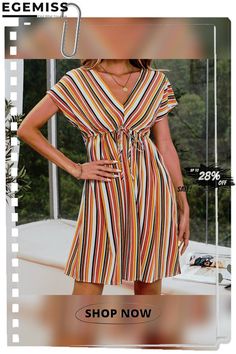 Colorful Striped Sweet Dress Casual Multicolor Print V-neck Dress, Multicolor Print V-neck Summer Dress, Colorful V-neck Vacation Dress, Multicolor Vibrant Print V-neck Dress, Casual Multicolor Knee-length Sundress, Multicolor A-line Sundress For Vacation, Multicolor V-neck Summer Midi Dress, Multicolor V-neck Mini Dress With Vibrant Print, Summer Multicolor Print Dress For Brunch