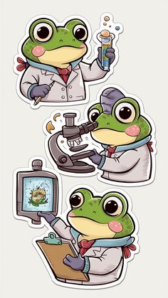 stickers depicting frog scientist and microscope