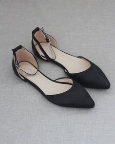 BLACK Satin Pointy Toe Flats, Wedding Shoes, Bridesmaids Shoes, Evening Shoes – Kailee P. Inc. Womens Formal Shoes, Flats With Ankle Strap, Wedding Footwear, Black Formal Shoes, Bridesmaids Shoes, Look Formal, Black Flats Shoes, Pointy Toe Flats, Ankle Strap Flats