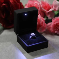 black ring box with led lighting, proposal ring box with light, engagement ring box with roses, luxury engagement ring box, ring box for night proposal Engagement Rings In Boxes, Ring For Proposal, Proposal Ring Box Ideas, Wedding Ring In Box, Engagement Ring Box Ideas, Engagement Rings Box, Matte Black Wedding, Ring Box Design, Engagement Boxes