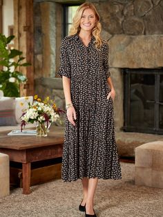 This fresh Ella Simone Tiered Floral Maxi Dress features a three-tiered skirt with gentle gathers along the waist to provide shaping and casual style. The soft rayon is the perfect midweight for all-season wear and this A-line dress has a relaxed silhouette, making it a comfortable longer dress you can wear for almost every occasion. Thoughtful details add the perfect finishing touches to this floral dress and include fabric-covered buttons, elbow-length sleeves with banded cuffs, and side-seam pockets. You'll love this maxi dress for its beauty and beautiful fit! This item runs large; please order accordingly to ensure the best fit. Longer maxi dress Generous A-line styling Pretty rose print Front placket with self-covered buttons Three-tiered long skirt Gentle gathers at the waist Elbow- Daywear Dresses With Gathered Waist And Tiered Skirt, Spring Rayon Dresses With Tiered Skirt, Casual Tiered Flowy Skirt Dress, Casual Flowy Midi Dress With Tiered Skirt, Black Casual Tiered Midi Dress, Black Casual Tiered Dress, Casual Tiered Maxi Dress In Rayon, Casual Tiered Rayon Maxi Dress, Tiered Rayon Dress With Ruffle Hem