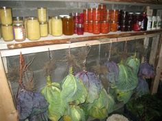 some vegetables are hanging up on the shelf in front of jars with mustard and other condiments