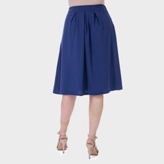 This is the perfect skirt for spring and summer, featuring large pleats at the waist for a flattering, flared silhouette. The wide elastic waistband and side pockets add comfort and functionality. This knee-length womens skirt effortlessly transitions from casual to dressy with the right accessories. Made from a breathable, stretchy polyester-spandex blend, it’s ideal for staying cool and comfortable during the warmer months Relaxed Solid Pleated Skirt For Summer, Relaxed Pleated Skirt For Day Out, Solid Color Relaxed Fit Pleated Summer Skirt, Pleated Flared Maxi Skirt For Day Out, Solid Color Summer Pleated Relaxed Fit Skirt, Summer Solid Color Relaxed Pleated Skirt, Flowy Skirt With Pleated Hem For Day Out, Short Flowy Pleated Skirt, Blue Knee-length Pleated Skirt For Spring