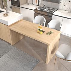 a kitchen with white chairs and a table in the middle, next to an oven