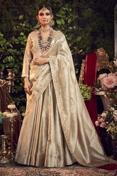 Shop for Ranian Beige Silk Tissue Lehenga Set for Women Online at Aza Fashions Sangeet Dress, Tissue Lehenga, Haldi Outfit, Embroidered Crop Tops, Beige Silk, Drape Saree, Indian Dress, Wedding Prep, Embroidered Wedding