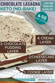 chocolate lasagna keto no - bake is shown with instructions for how to make it