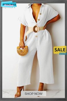 Button Up Turndown Collar Jumpsuit Without Belt Summer Button-up Jumpsuit For Day Out, Summer V-neck Jumpsuits And Rompers With Buttons, Summer Short Sleeve Jumpsuits And Rompers With Button Closure, Spring Button-up Jumpsuits And Rompers With Buttons, Spring Vacation Button-up Jumpsuits And Rompers, Summer Button-up Solid Color Jumpsuits And Rompers, Trendy Solid Color Button-up Jumpsuits And Rompers, Summer Button-up Solid Color Jumpsuit, Button-up Jumpsuits And Rompers For Beach