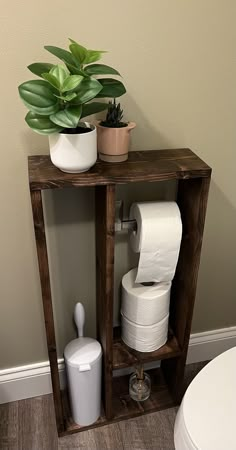 a wooden shelf holding toilet paper and a potted plant on top of it next to a toilet