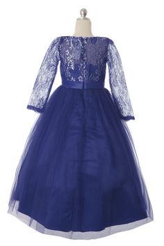 Long sleeves dress with full lace bodice and illusion sweetheart neckline. Rhinestone trim along the waist and floor length plain tulle skirt. Full lining and crinoline within. Size Chart: -Size 4 Height: 42-44 in Weight: 37-41 lbs -Size 6 Height: 48-49 in Weight: 47-53 lbs -Size 8 Height: 53-54 in Bust: 27.5 in Waist: 23.5 in Hips: 29 in -Size 10 Height: 55-57 in Bust: 29 in Waist: 24.5 in Hips: 30.5 in -Size 12 Height: 58-59 in Bust: 30.5 in Waist: 25.5 in Hips: 32.5 in -Size 14 Height: 60-62 Prom Season Princess Dress With Lace Bodice, Fitted Lace Princess Dress For Prom Season, Fitted Lace Princess Dress For Prom, Elegant Blue Princess Dress With Lace Bodice, Blue Lace Bodice Princess Dress For Wedding, Blue Princess Dress With Lace Bodice For Wedding, Pageant Tulle Ball Gown With Lace Trim, Tulle Gown With Lace Trim For Pageants, Fitted Gown With Lace Sleeves For Pageants