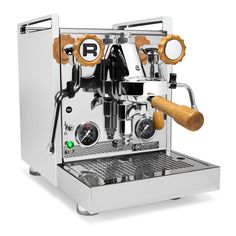 an espresso machine with two wooden handles