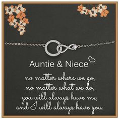 PRICES MAY VARY. Auntie Niece Infinity Bracelet: Crafted with a delicate infinity symbol and a sparkling Cubic Zirconia circle. It represents the love and unbreakable connection shared between auntie and niece. No matter where life takes you or what challenges you face, this bracelet serves as a reminder that you will always have each other. Pendant Size and Chain Length: The pendant measures approximately 10mm*25mm, while the chain has a length of 20cm,16cm with a 4.2cm extender chain. Material Niece Poems From Aunt, Infinity Bracelets For Anniversary And Mother's Day, Infinity Bracelets For Anniversary On Mother's Day, Gifts For Niece From Aunt, Birthday Gifts For Niece, Niece Poems, Auntie And Niece, Gifts For Niece, Aunt And Niece