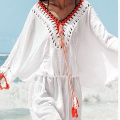 This Cupshe V-Neckline Coverup Is Just What You Need For Those Beach Days. This Coverup Is Lightweight And Airy. It Has This Great Crochet Detailing That Makes It Whimsical But Very Stylish. The Crochet Neckline Colors Are Orange, White, Peach, And Navy. The Crochet Borders Of Each Sleeve Are Orange, White, And Peach Crochet. It Also Comes With A Peach Crochet Belt With 2 White & Peach Tassels That Adds Another Great Detail To This Coverup. The V-Neckline Allows You To Cover Both Shoulders Or Just One Shoulder. The Crochet Belt Can Be Worn With The Coverup Or Without. The Waistline Has Elastic So It Does Expand. The Actual Name Of This Coverup Is Tunique Blanche Avec Garniture Route. Swimsuit Coverup Dress, Crochet Coverup, Crochet Belt, Crochet Neckline, High Neck Swimsuits, White Bathing Suit, Cupshe Swimsuits, Crochet Cover Up, Crochet Tunic