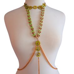 Chain will not tarnish Features mother of Pearl and Czech beads Adjustable Beaded Chain Body Jewelry, Artisan Adjustable Jewelry With Gold Beads, Adjustable Metal Jewelry With Large Beads, Artisan Adjustable Gold Beads Jewelry, Artisan Jewelry With Adjustable Gold Beads, Artisan Adjustable Gold Beaded Jewelry, Gold Beaded Chain Adjustable Body Jewelry, Party Jewelry With Beaded Metal Chain, Green Beaded Chain Jewelry