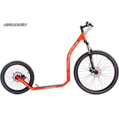 an orange and black bike with wheels on it's front wheel, against a white background