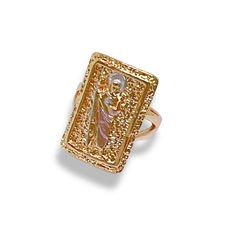 San judas rectangular ring in 18k of gold plated rings Gold Mexican Rings, San Judas Tadeo Ring, Virgencita Gold Ring, San Judas Necklaces Women, San Judas Gold Rings, Dream Jewelry, Ring Designs, Gold Rings, 18k Gold