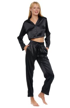 Black Satin Loungewear Set With Relaxed Fit, Relaxed Fit Satin Loungewear Sets, Casual Satin Sleepwear, Satin Sets For Pajama Party With Relaxed Fit, Casual Satin Sleep Sets, Casual Satin Sets For Pajama Party, Casual Satin Sets, Black Satin Loungewear Sets, Black Satin Sleepwear For Loungewear