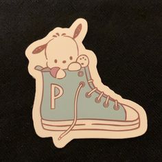 a sticker with an image of a cartoon character in a blue sneaker on a black background