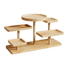 three tiered wooden table with shelves on each side and one shelf in the middle