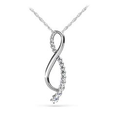 This journey diamond necklace is suspended by a white gold cable-link chain and features fifteen graduated round cut diamonds (0.01ct - 0.10ct) running along one side. Approximately 1/2 carat total weight and proudly made in the USA. Elegant Sterling Silver Spiral Necklace, Elegant Spiral Sterling Silver Necklaces, Classic Spiral Jewelry For Formal Occasions, Spiral Cubic Zirconia Jewelry For Anniversary, White Gold Spiral Jewelry For Formal Occasions, Formal Spiral White Gold Jewelry, Formal White Gold Spiral Jewelry, Fine Jewelry With Spiral Shape And Diamond Accents, Infinity-shaped Brilliant Cut White Gold Jewelry