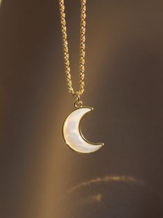 "18k gold finished stainless steel rope chain and mother of pearl moon charm Includes 2\" adjustable extension  Water Resistant Necklaces in photos sold separately" Pearl Moon Necklace, Gold Moon Jewelry, Soft Golden Aesthetic, Moon Necklace Aesthetic, Moon Stone Necklace, Necklaces Moon, Cresent Moon Necklace, Best Necklace, Moon Star Necklace