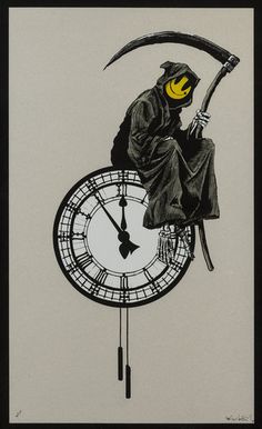 a drawing of a person sitting on top of a clock with an ax in his hand