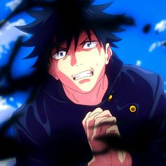 an anime character with black hair and blue eyes looks at the camera while standing in front of clouds