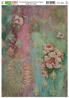 an abstract painting with flowers and ornate designs on the background, in pastel colors