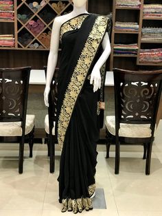 Pure Crepe Zari Embroidered Kashmiri Saree, Women Indian Ethnic, Traditional Outfit, Kashmir embroid Black Embroidered Pre-draped Saree For Navratri, Bollywood Style Embroidered Sets For Reception, Bollywood Sets With Embroidered Border For Reception, Bollywood Style Sets With Embroidered Border For Reception, Elegant Embroidered Pre-draped Georgette Saree, Festive Black Embroidered Pre-draped Saree, Wedding Black Pre-draped Saree With Intricate Embroidery, Anarkali Pre-draped Saree With Embroidered Border For Reception, Anarkali Pre-draped Saree For Reception With Embroidered Border