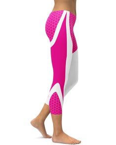 If you want to stand out in the gym, yoga or out and about and during the summer, winter, fall or spring than these Pink Honeycomb Carbon White Capris will do the trick. It's almost as if white background makes the color pink stand out even more. Pink Breathable Sportswear Leggings, Breathable Pink Leggings For Running, Casual Breathable Pink Leggings, Pink Breathable Athleisure Leggings, Pink Breathable Leggings For Athleisure, Sporty Pink Breathable Leggings, Pink Moisture-wicking Leggings For Sports, Sporty Breathable Pink Leggings, Breathable Pink Workout Leggings