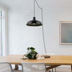 a dining room table with chairs and a potted plant on the table next to it